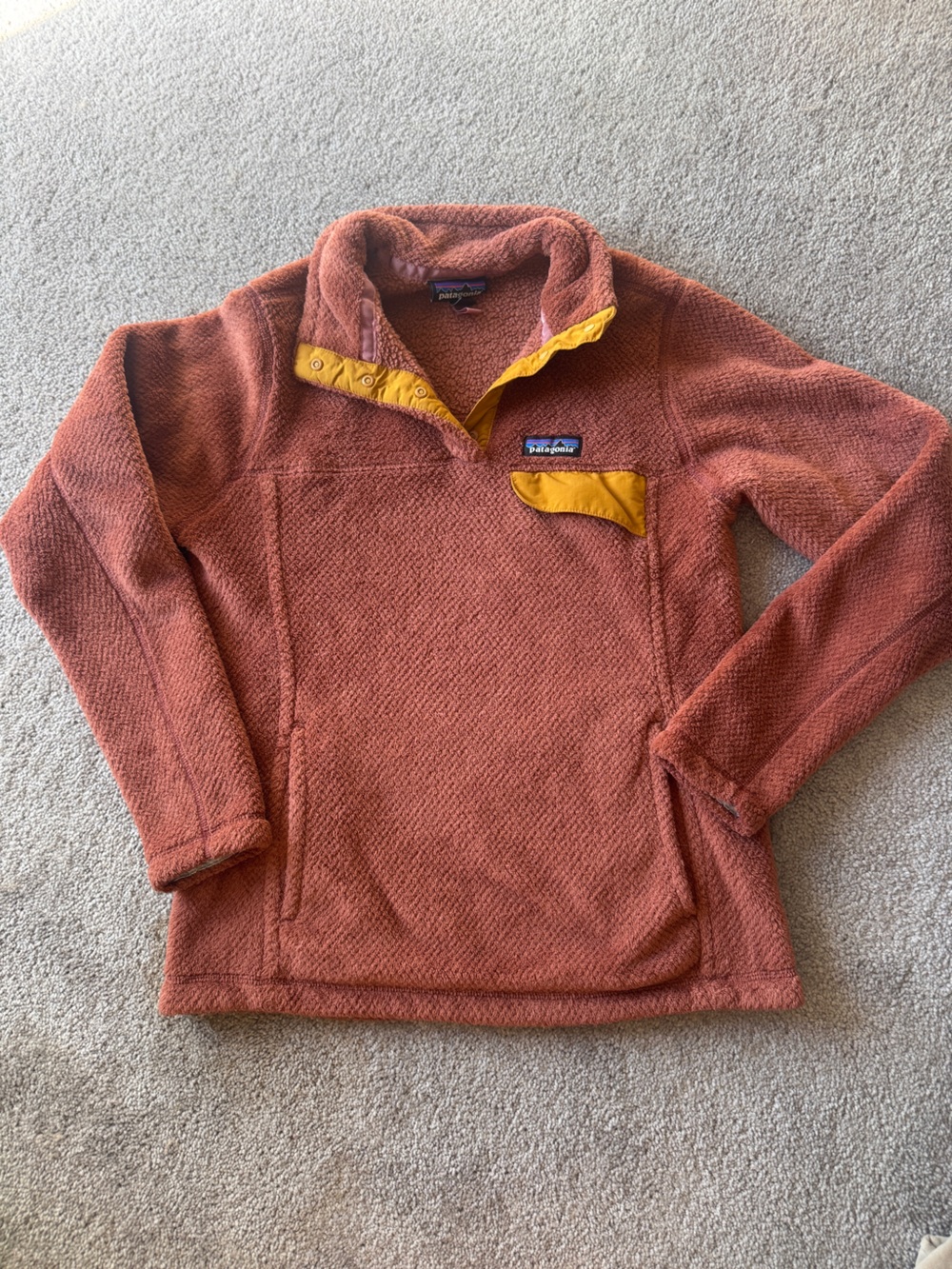 Patagonia Women’s Re-Tool Fleece Rust Orange Pullover with Mustard Yellow Accent